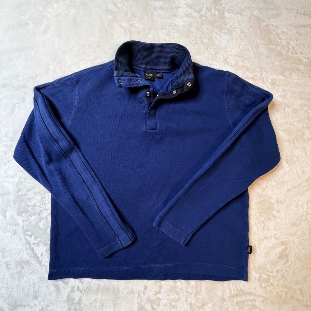 Hugo Boss Mens Blue Ribbed Cotton Snap Neck Pullover Sweater Regular Fit L